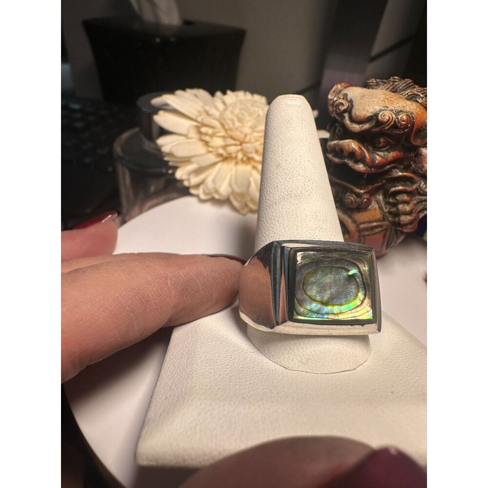 Sterling Silver 925 Mens Ring With Abalone Shell Inlay Square Design Handmade In